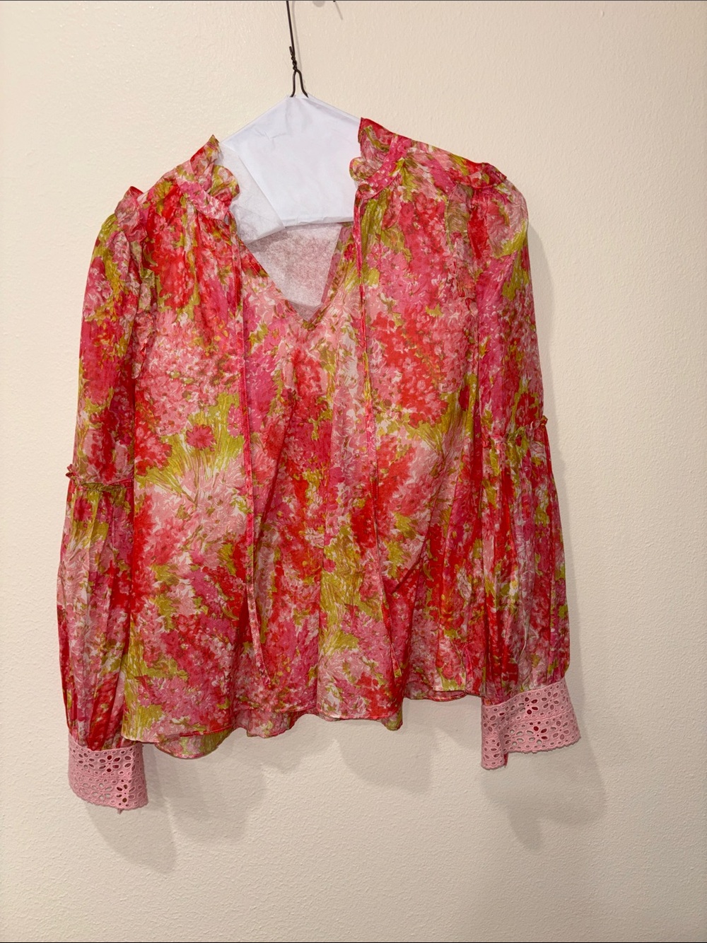 LoveShackFancy Floral Pink Green V-Neck Long Sleeve Blouse